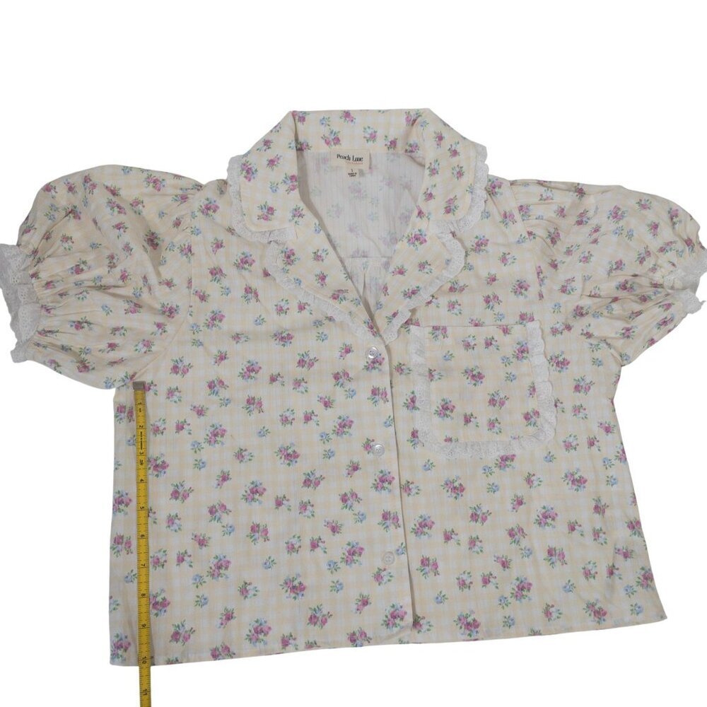 Cottage Core Peach Love Yellow and White Gingham Floral Top SZ S Puff Sleeve - Picture 2 of 13